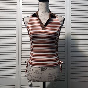Just Polly Cropped‎ Polo Tank Top Juniors Size Small Brown Striped Cinched Sides